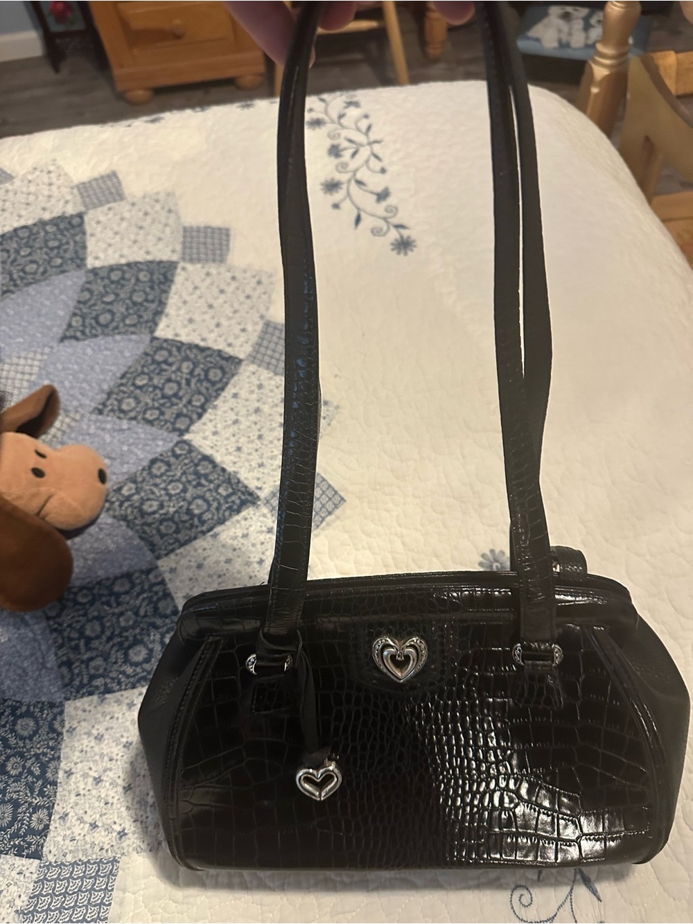 Brighton Black Croc-Embossed Leather Heart Charm Shoulder Bag - Picture 14 of 15